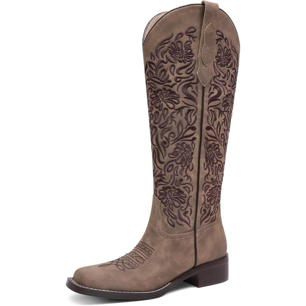 Women's Brown Embroidered Knee High Low Block Heel Cowgirl Riding Boots